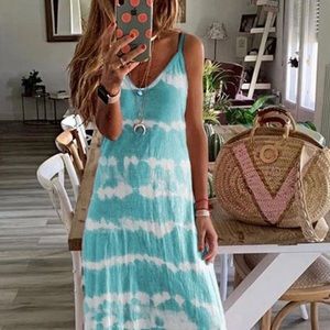 V Neck Tie Dye Casual Maxi Dress